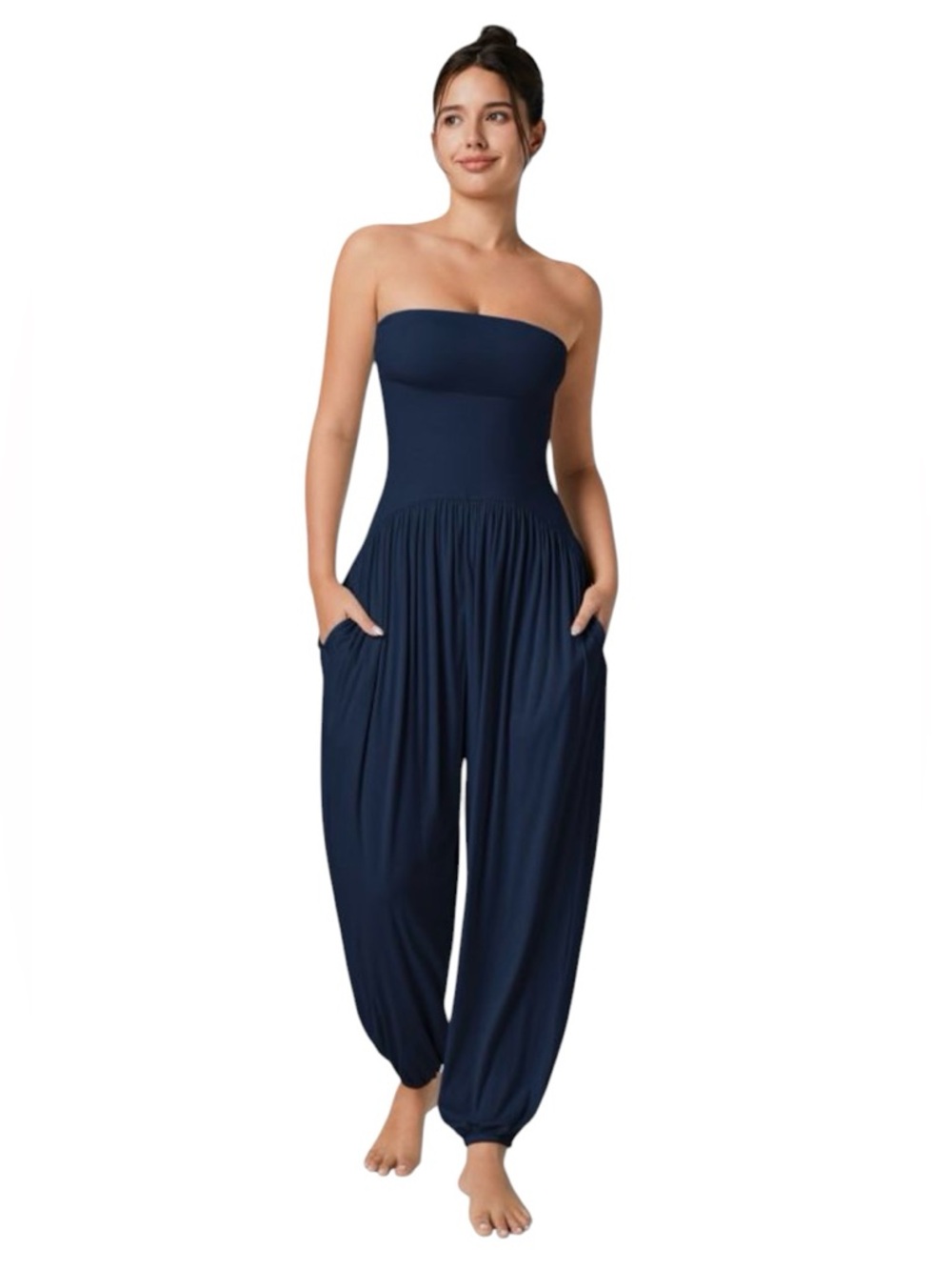 HALARA Strapless Navy Harem Jumpsuit with Pockets